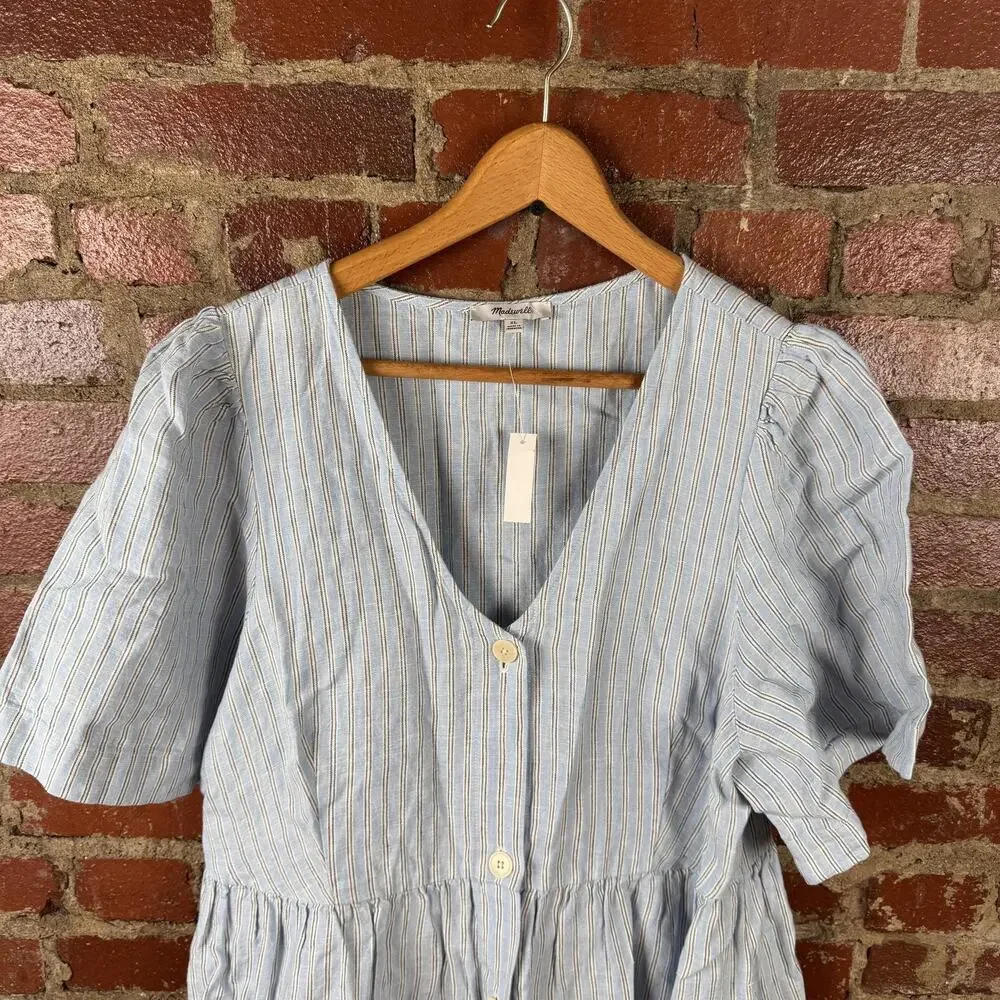Madewell Shirt Dress Womens XL Blue Linen Button Front Puff Sleeve Midi NWT - Picture 2 of 6